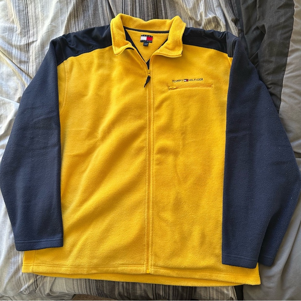 Tommy Hilfiger Yellow and Navy Zip-Up Fleece Sweater